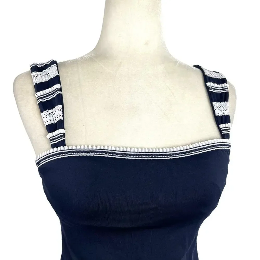 Becca Women's Size Small Floral Embroidered Crochet Strap Navy Tankini Swim Top